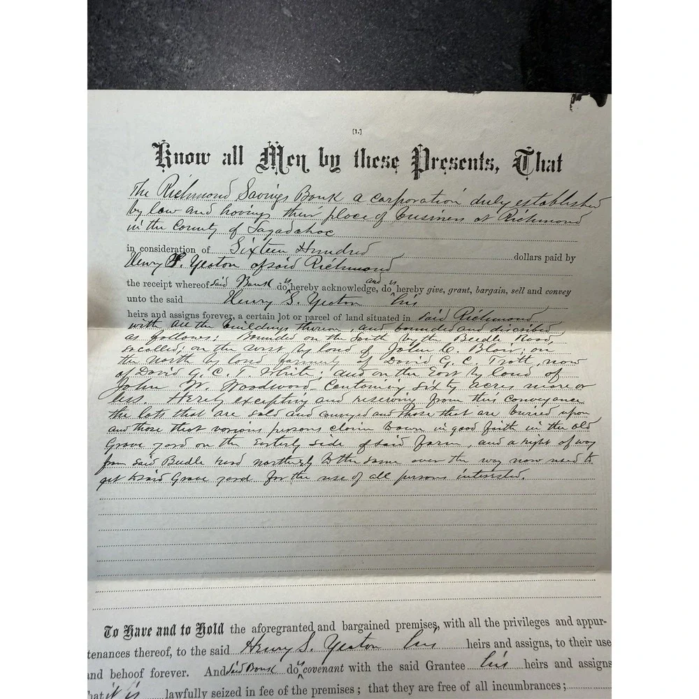 1885 Maine Warranty Deed Richmond Savings Bank Sagadahoc County Antique Document